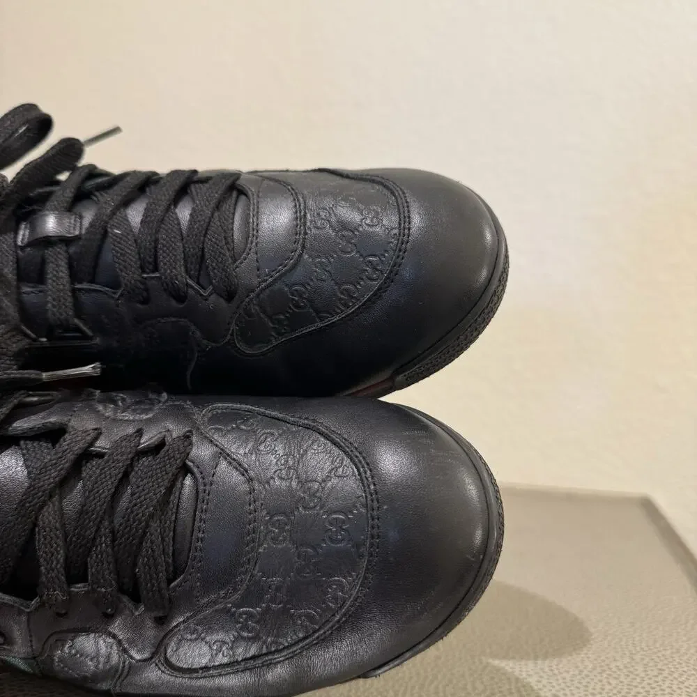 Gucci Shoes Micro Guccissima Black Leather Web Low Top Gucci Sneakers Sz 8 G